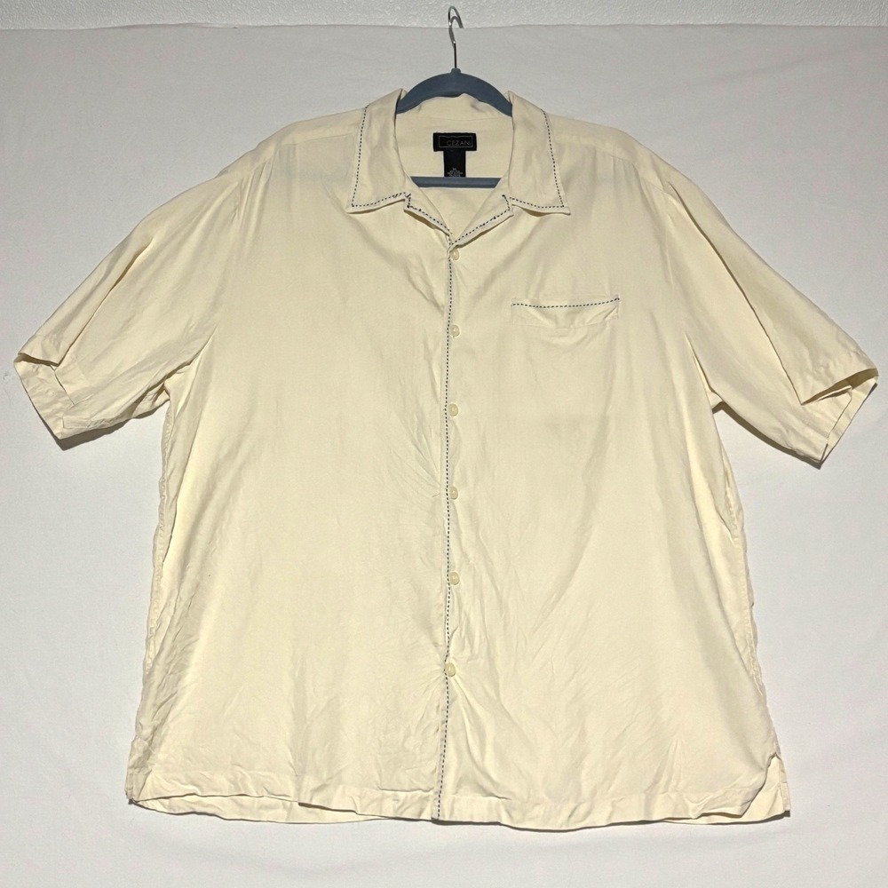Cezani Button Down Shirt Men XL Cream Butter 100% Silk Herringbone Camp Vacation